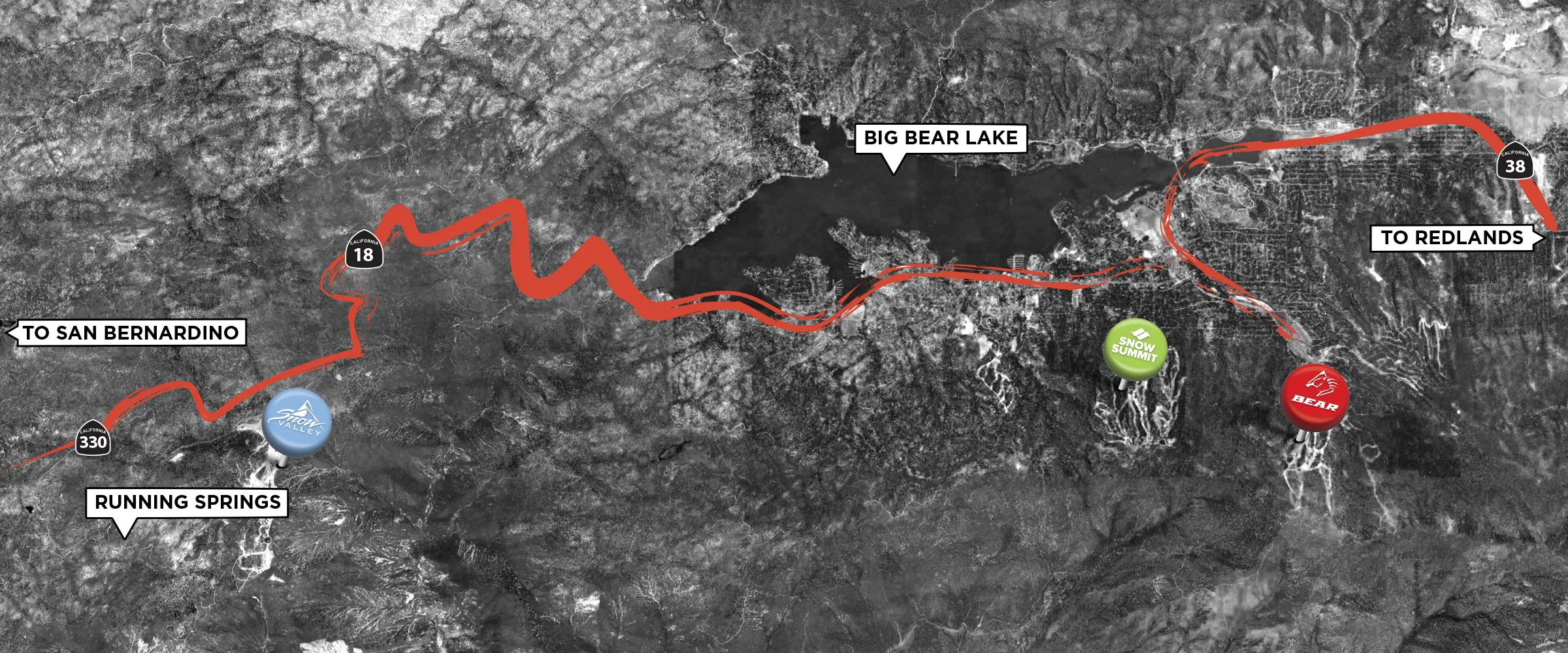 Google maps view of the directions on hwy 330 from Running Springs to Big Bear Lake